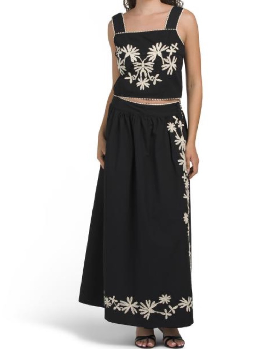 Solitaire Black Maxi Skirt & Tank Top Set with Cream Floral Embroidery